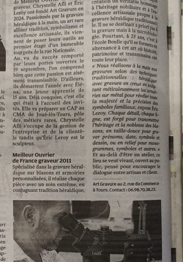 La Nouvelle République met à l’honneur Art Gravure, atelier de gravure main d’un Meilleur Ouvrier de France près de Paris