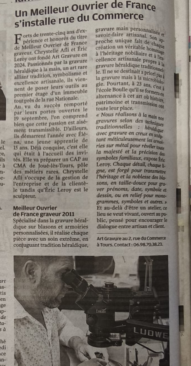 La Nouvelle République met à l’honneur Art Gravure, atelier de gravure main d’un Meilleur Ouvrier de France près de Paris