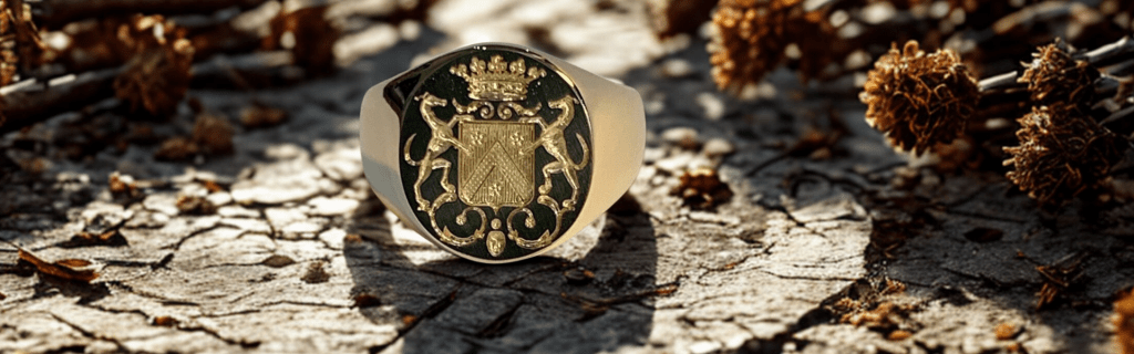 Gravure héraldique sur chevalière en or, réalisée par l’atelier Art Gravure.