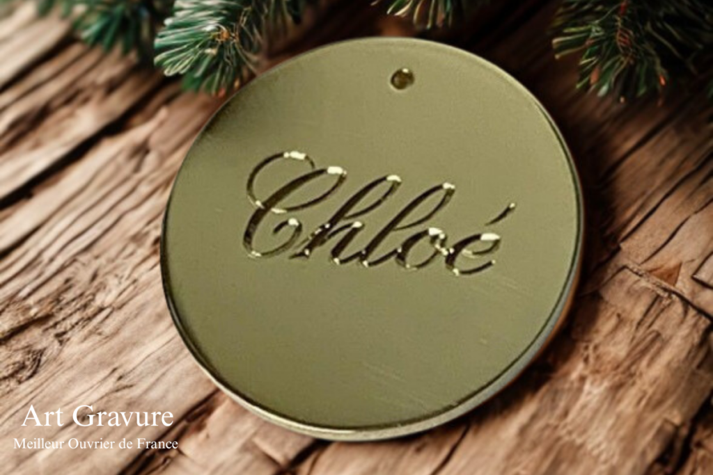 Médaille en or gravée à la main avec prénom, bijou personnalisé unique et artisanal pour cadeau durable