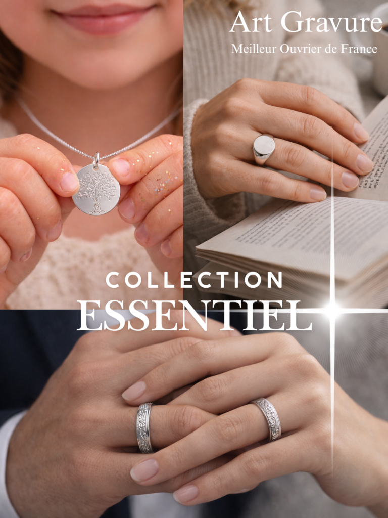 Collection Essentiel de bijoux argent et laiton gravés, médailles et chevalières personnalisées réalisées artisanalement.